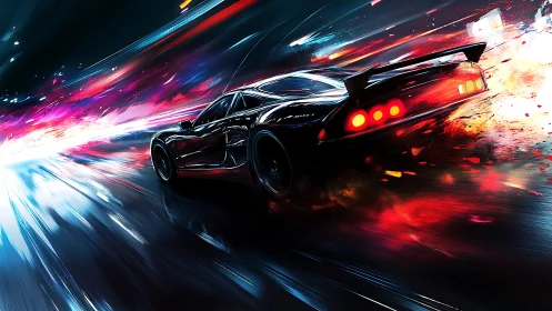 Neon hypercar ignites a liquid-light highway of speed and fire.