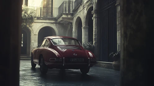 Crimson classic coupe brooding quietly in an old stone courtyard.