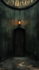 Lanternlit secret door in a circular, timeworn passageway.