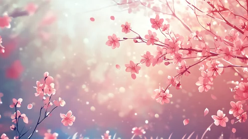 Cherry Blossoms Drift Through Soft Pink Dreamscape.