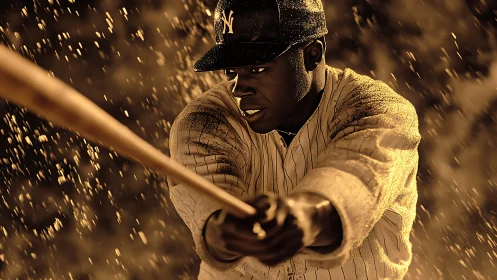 Determined baseball player swings through dramatic golden rain