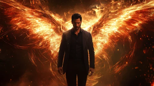 Man in flames stands before blazing phoenix wings of rebirth