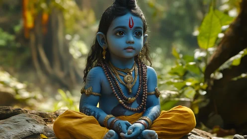 Photorealistic blue-skinned child deity rendered in forest shrine