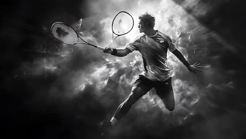 Dynamic monochrome badminton athlete suspended in smoky light