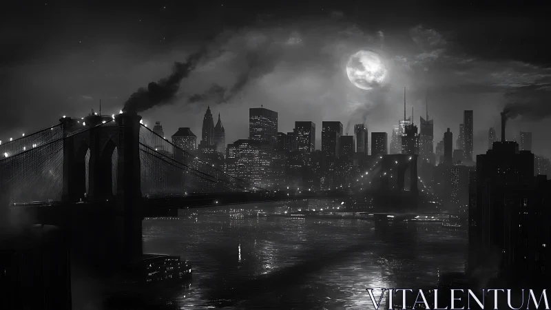 Night city skyline with illuminated bridges under full moon