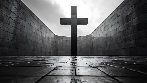 Monolithic steel cross rises in solemn minimalist courtyard.