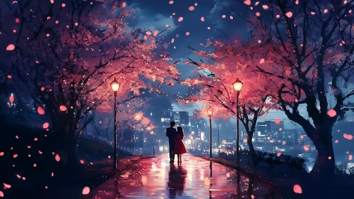 Two figures walk under illuminated cherry trees at night