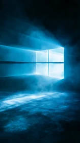 Luminous blue window grid casts volumetric light into darkness