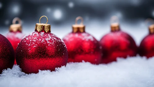 Crimson Christmas baubles resting in fresh winter snow.