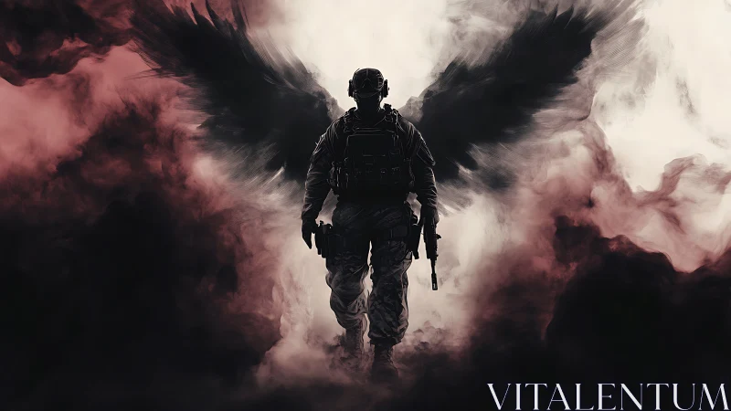 Digital painting soldier silhouette with smoke wings composition.