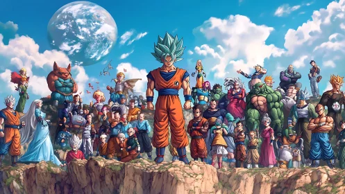 Ensemble anime warriors stand unified on rocky plateau under sky