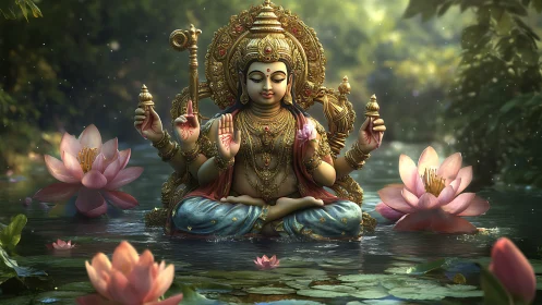 Seated multi-armed deity statue occupies lotus pond environment