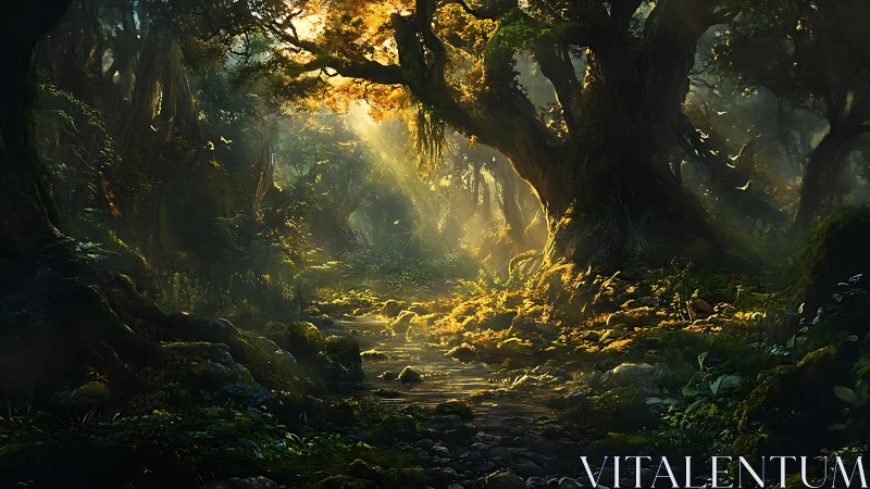 Cathedral Canopy: Ancient Forest Tunnel with Crepuscular Light Phenomena.