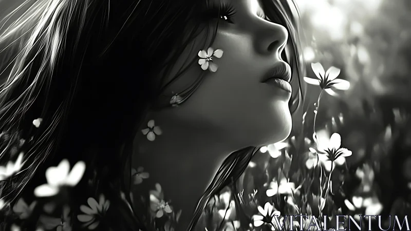 Dreamy girl in soft meadow light with gentle wildflowers.