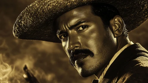 Bronzed gunslinger locks his gaze through drifting smoke