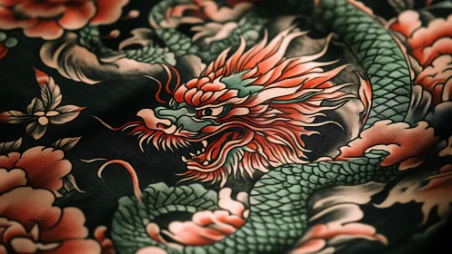 Dragon illustration printed on dark floral patterned fabric
