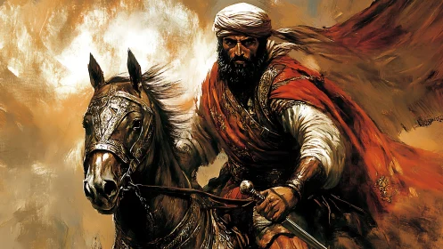 Warrior on armored horse in dynamic desert battle scene.