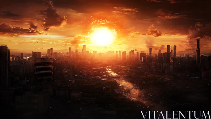 Thermonuclear sunrise over dense megacity skyline simulation.