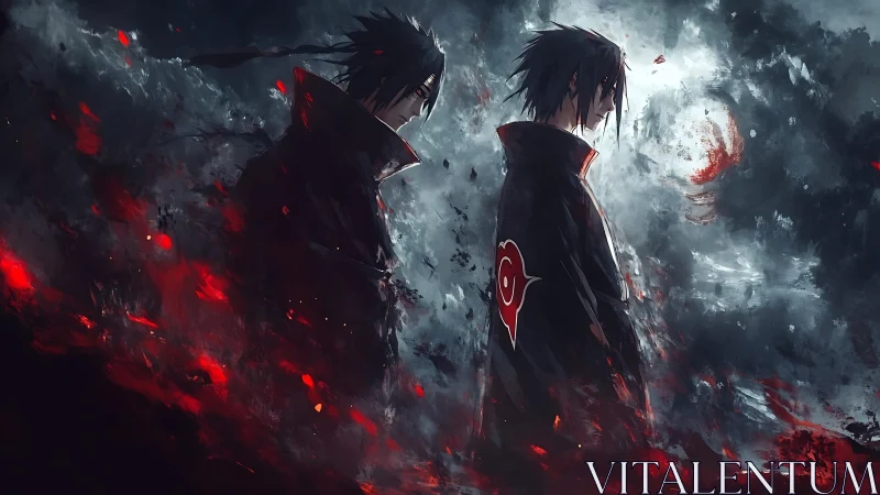 Two cloaked figures stand in a turbulent red and gray field