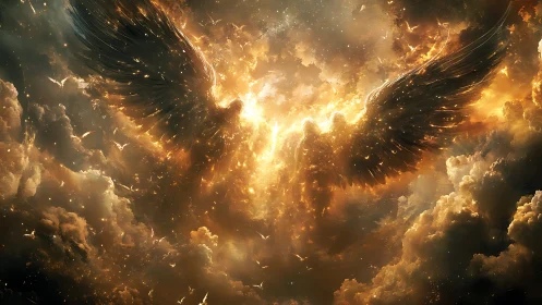 Seraphic wings ignite a storm of celestial fire and cloud.