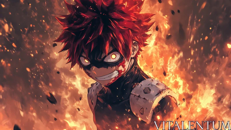 Fiery anime warrior emerges from blazing inferno, unbroken