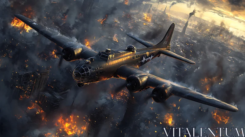 World War II bomber over burning city in heavy combat.