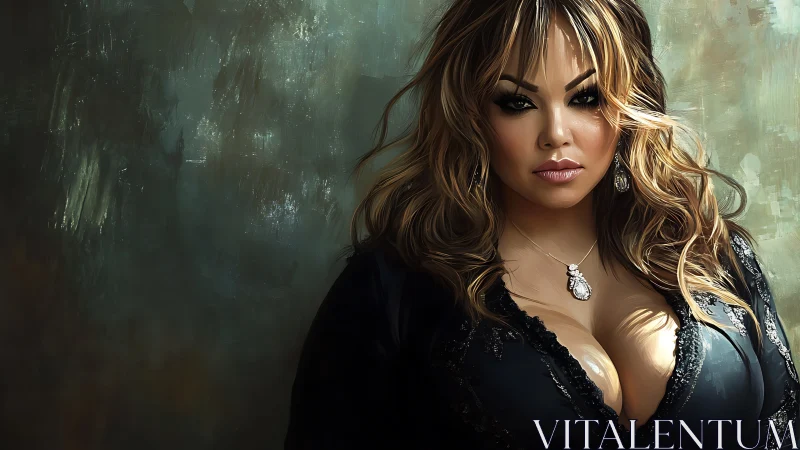 Confident woman in black dress against textured backdrop.