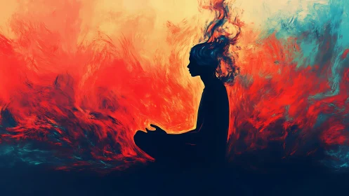 Silhouetted meditator merges with fiery abstract aura.