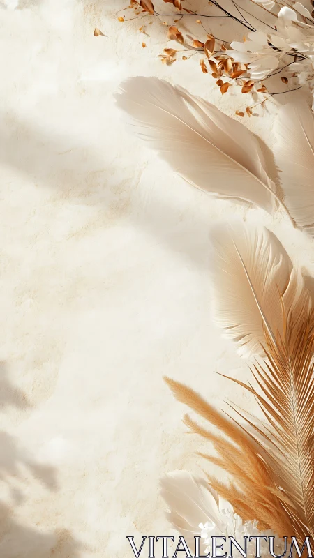 Beige feathers and dried foliage lie on textured cream surface