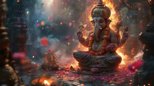 3D-rendered Ganesha sculpture amid firelit petals in temple shrine