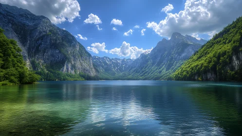 Mountain lake reflects dramatic peaks beneath a bright sky