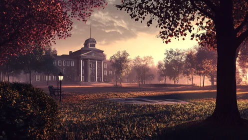 Neoclassical campus hall in warm autumn sunrise lighting.