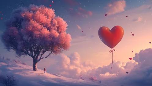 Romantic Heart Balloon Floating Over Pink Cherry Tree.