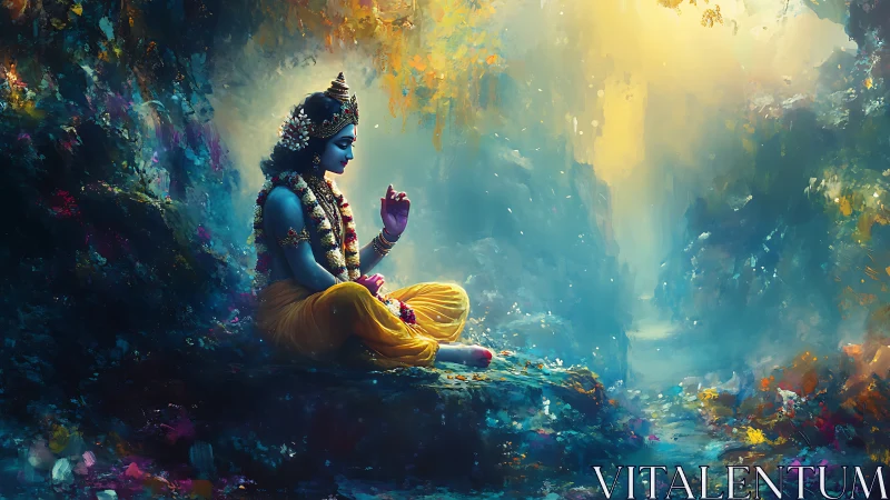 Blue-skinned deity in meditative pose within glowing forest.