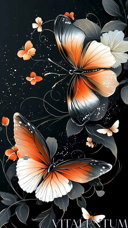 Ember-winged butterflies amid dark florals in motion.