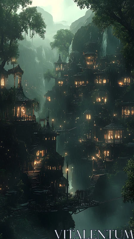 Multi level forest settlement with illuminated wooden huts.