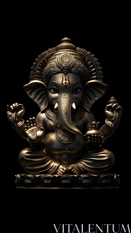 Bronze Lord Ganesha statue on black background, frontal view.