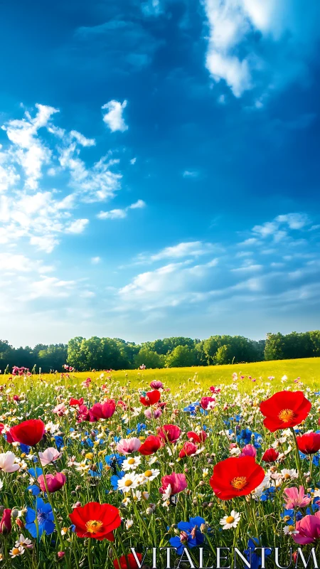 Wildflower meadow extends beneath stratified clouds and sky