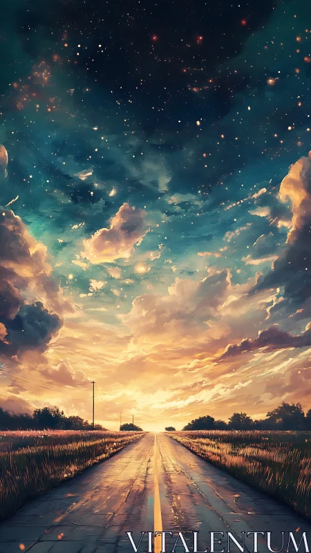 Endless country highway dissolving into a painted cosmos.