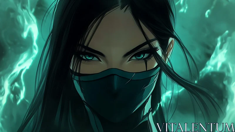 Masked cyber-assassin portrait framed by teal ethereal flames