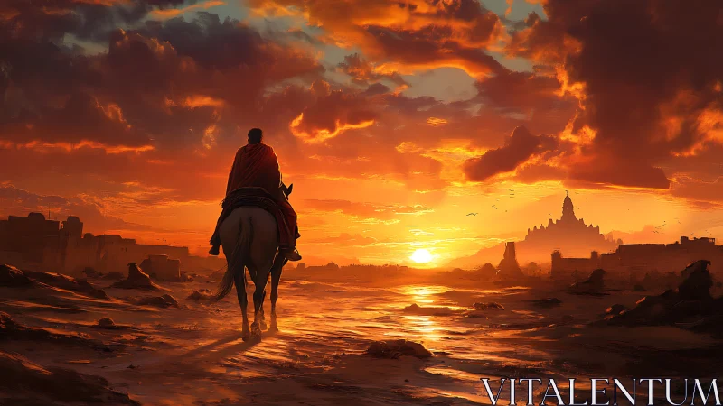 Sun-drowned rider drifts toward a distant ember city