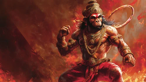 Fiery warrior Hanuman surges through swirling sacred flames.