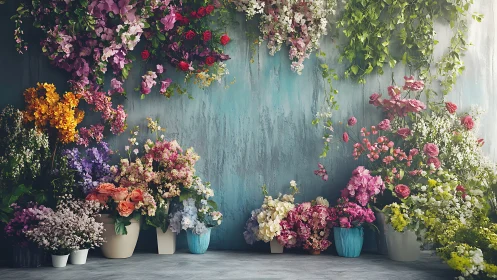 Abundant Floral Arrangement Against Weathered Blue Wall.
