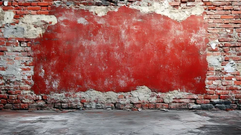 Weathered red brick wall with peeling paint and rough floor.