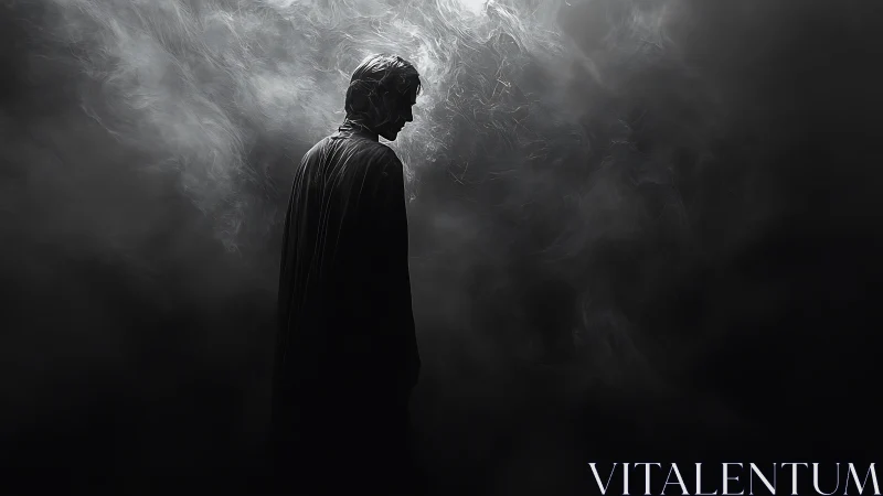 Solitary cloaked figure in high-contrast fog-dense backlight