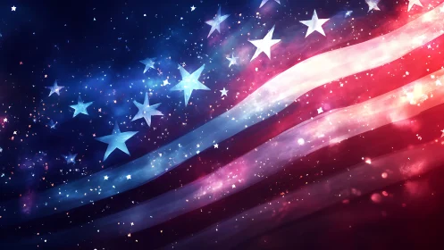 Stylized American flag waves with scattered glowing stars