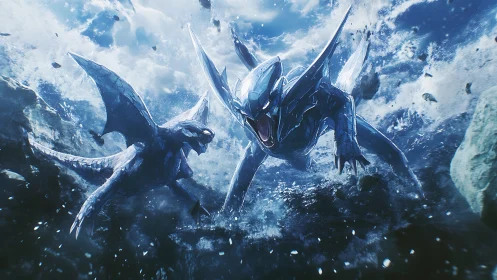 Frozen leviathans clash in a storm of shattered starlight.