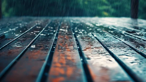 Shallow depth study of rain on varnished wooden deck slats