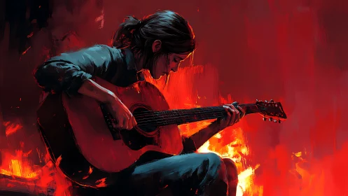 Guitarist sits in burning red light, carving quiet melody
