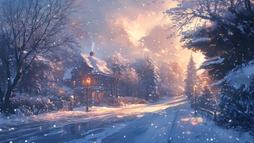 Snowlit cottage glows against a winter road of drifting embers.